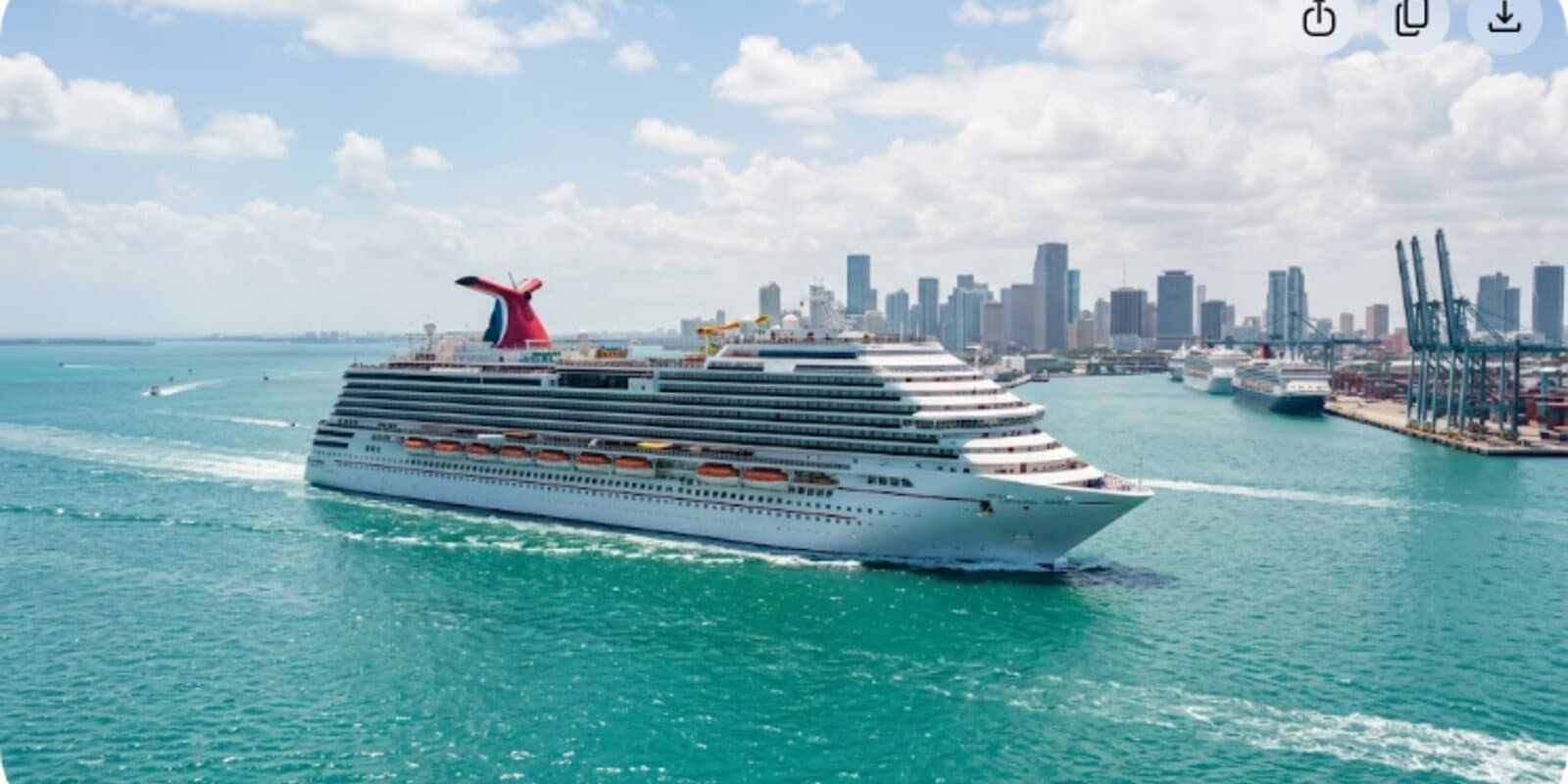 Carnival Magic cruise ship with red whale-tail funnel sails through turquoise water near PortMiami with the city skyline and port cranes in the background
