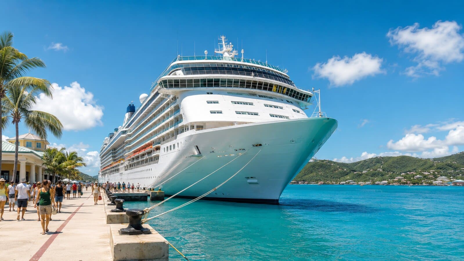 Large cruise ship docked at a tropical cruise terminal with turquoise water