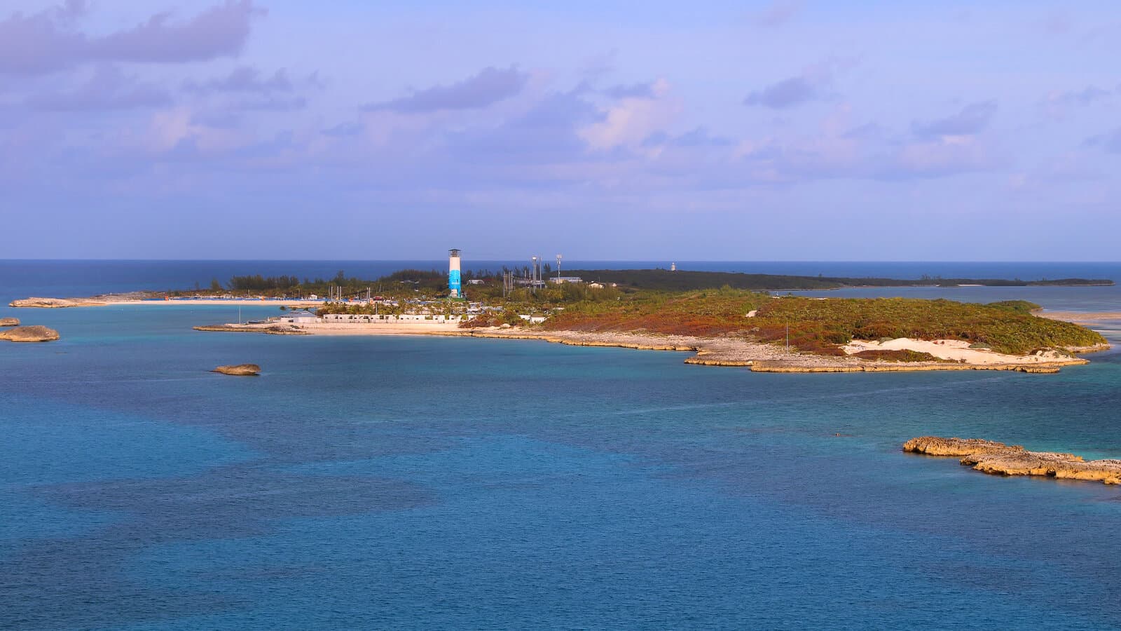 Great Stirrup Cay in the Bahamas with turquoise water along the private island shoreline