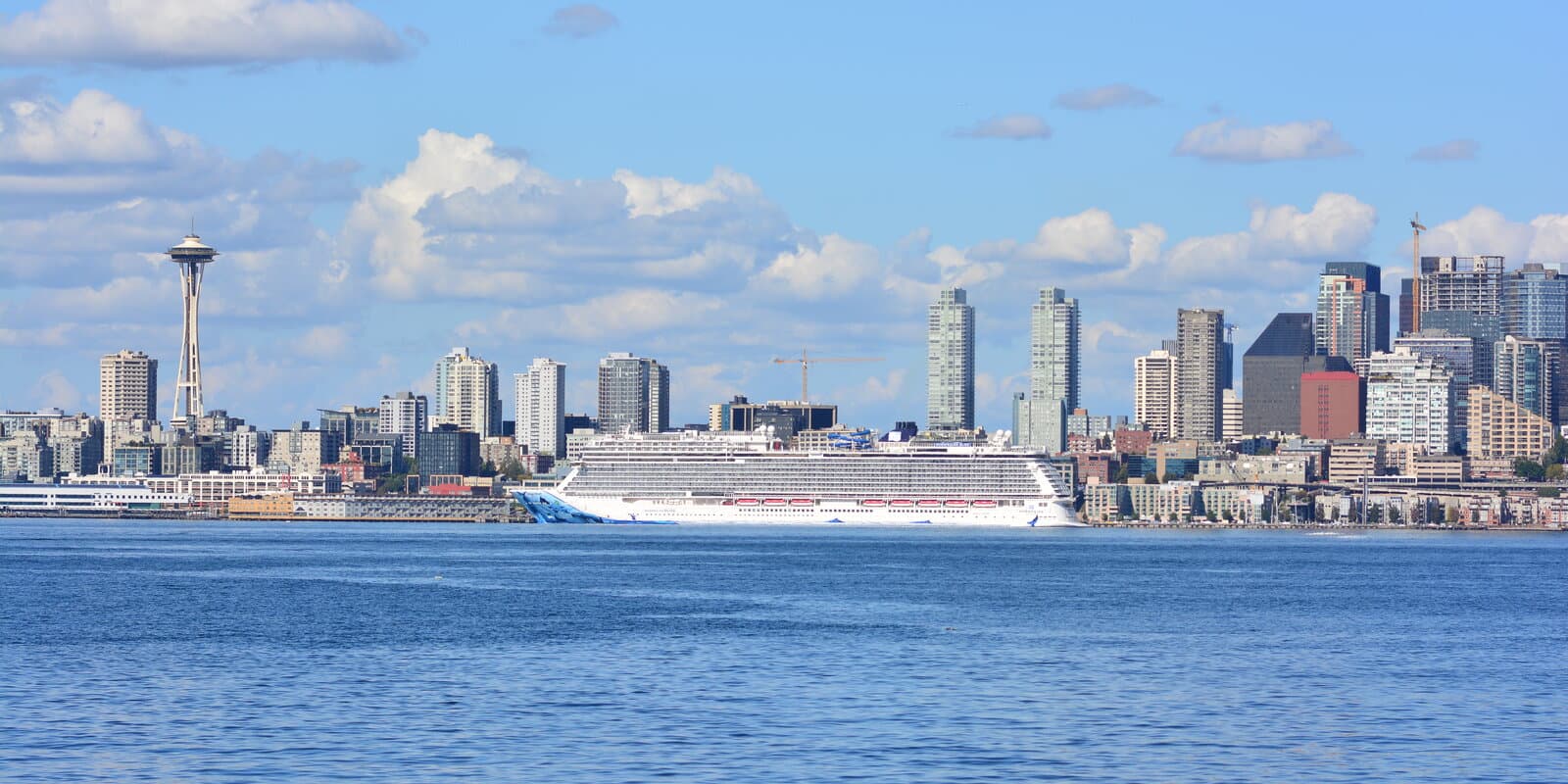 Norwegian Bliss docked in Seattle near the cruise terminal waterfront