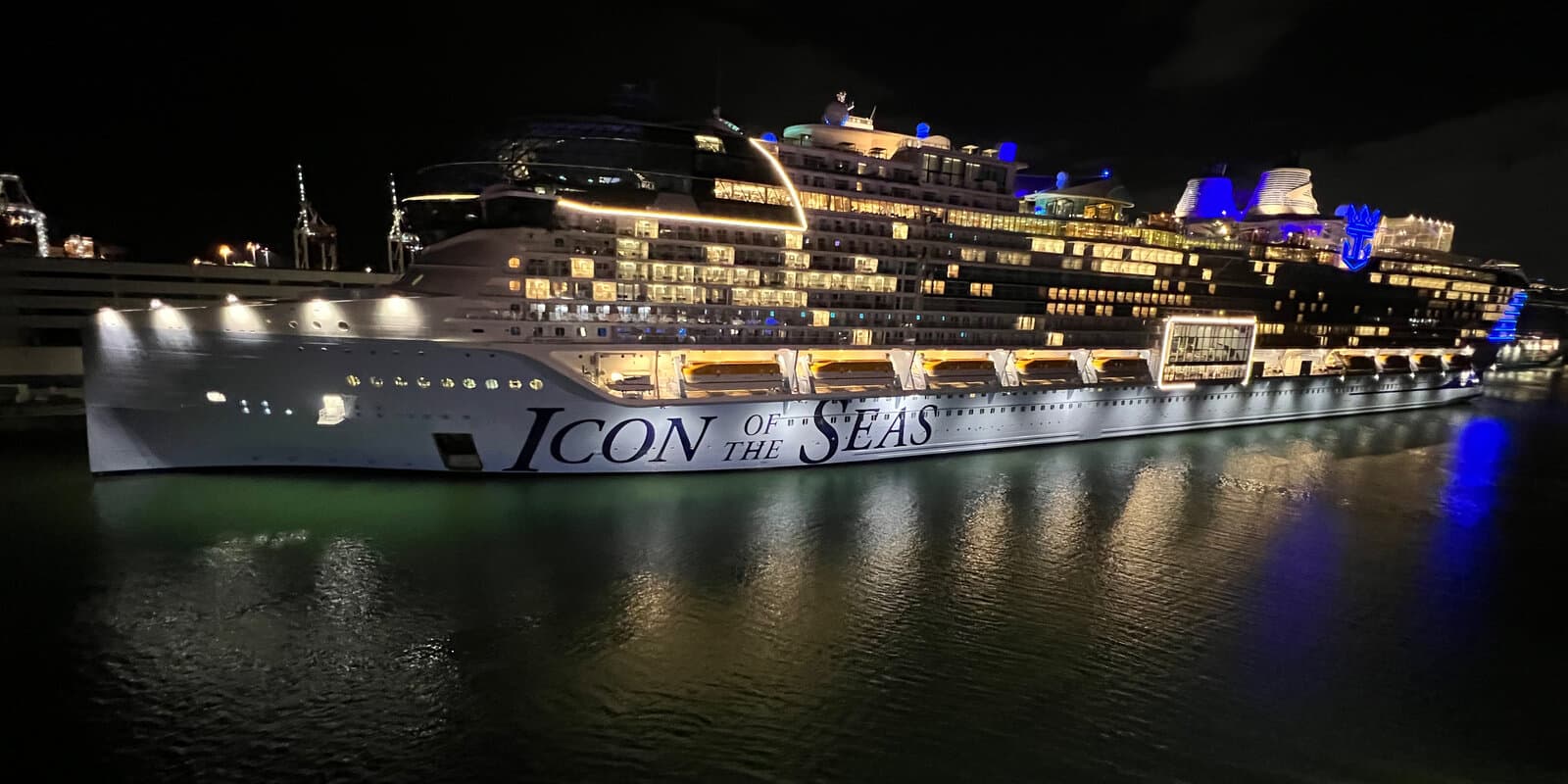 Royal Caribbean Icon of the Seas at dawn in PortMiami before its first cruise departure