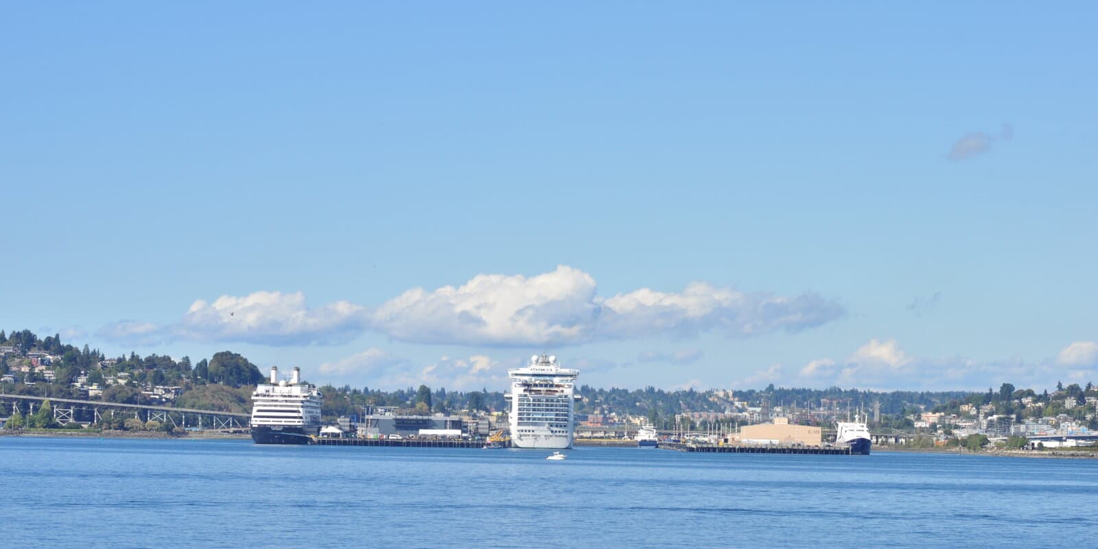 Two cruise ships berthed at Smith Cove on Elliott Bay with downtown Seattle in the background