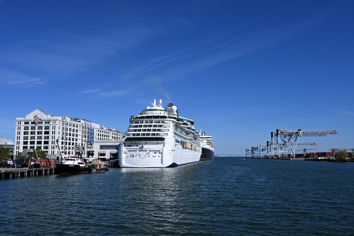 Cruise ships Jewel of the Seas and Queen Mary 2 docked at Flynn Cruiseport Boston in October 2024