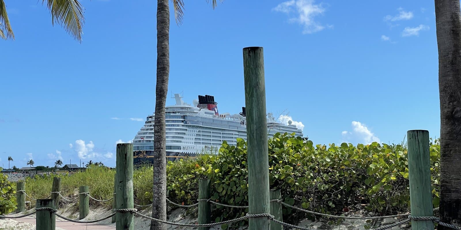 Disney Wish cruise ship with red Mickey funnels docked at Castaway Cay, seen from a sandy path framed by palm trees and tropical foliage