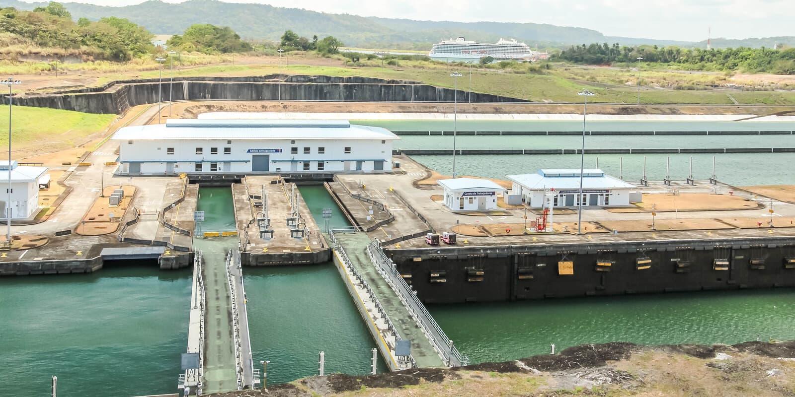 Panama Canal Agua Clara locks with control tower and water chambers visible along the canal expansion