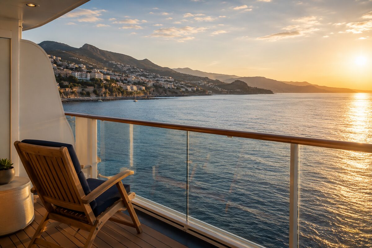 Cruise ship balcony overlooking calm ocean and coastal hills at golden hour