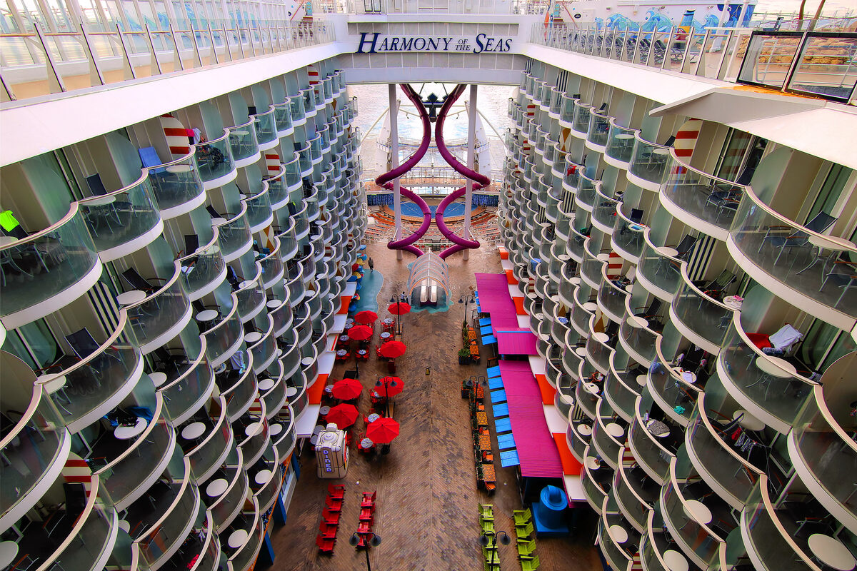 Boardwalk neighborhood on Harmony of the Seas with carousel, shops, and restaurants on the aft decks
