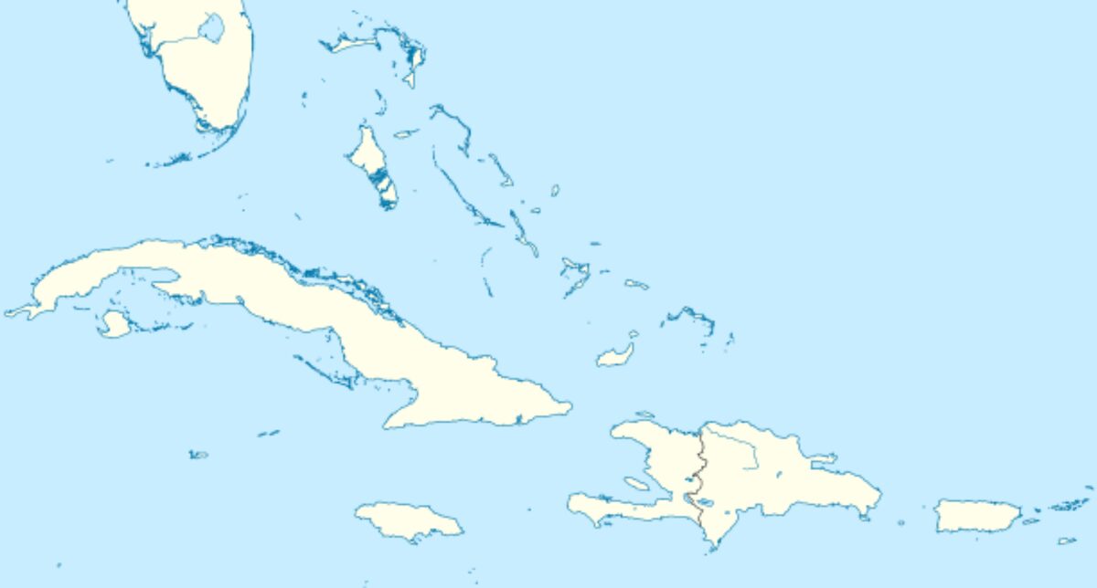 Stylized map of the Greater Antilles and nearby Caribbean islands, with Cuba, Jamaica, Hispaniola, and Puerto Rico outlined in white on light blue water