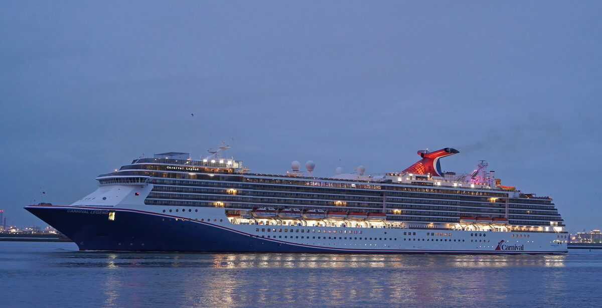 Carnival Legend cruise ship underway in 2024—the vessel that first wore the new bow crest after drydock in May 2026