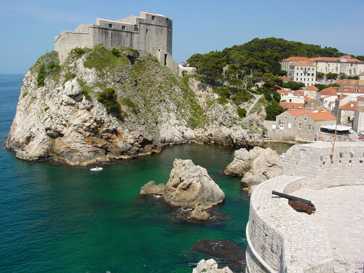 Dubrovnik harbor and old city walls viewed from the historic ramparts