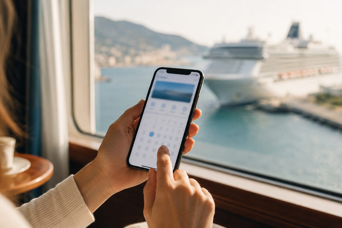 Traveler reviewing cruise dates on a phone with a cruise ship visible through a window