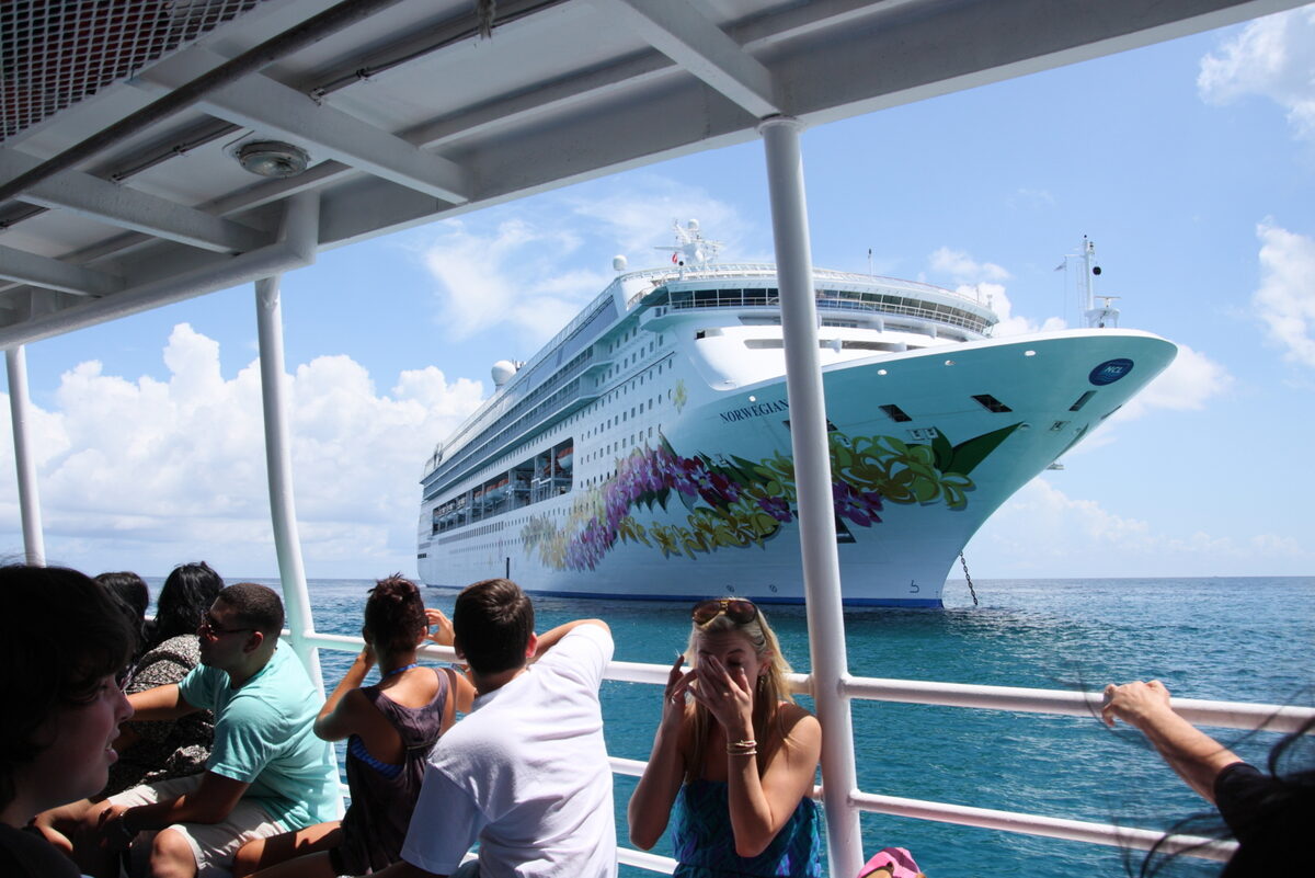 Norwegian Sky along the shoreline at Great Stirrup Cay in the Bahamas
