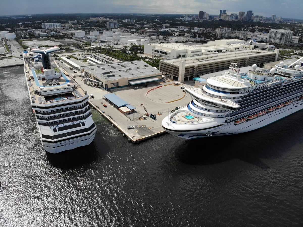 Aerial view of multiple cruise ships docked at Port Everglades in Fort Lauderdale