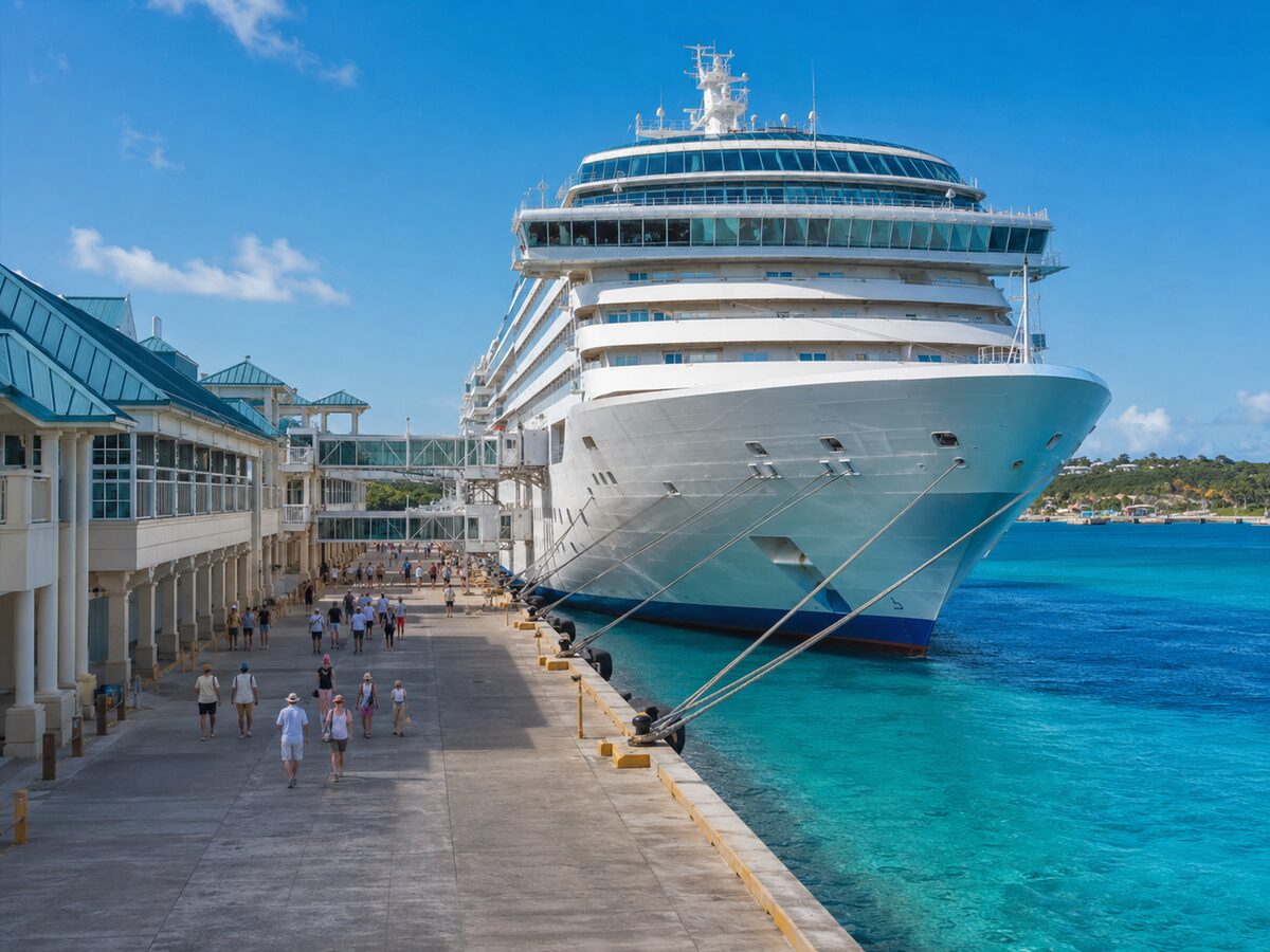 Cruise ship docked at a Caribbean terminal pier with passenger gangways and turquoise water