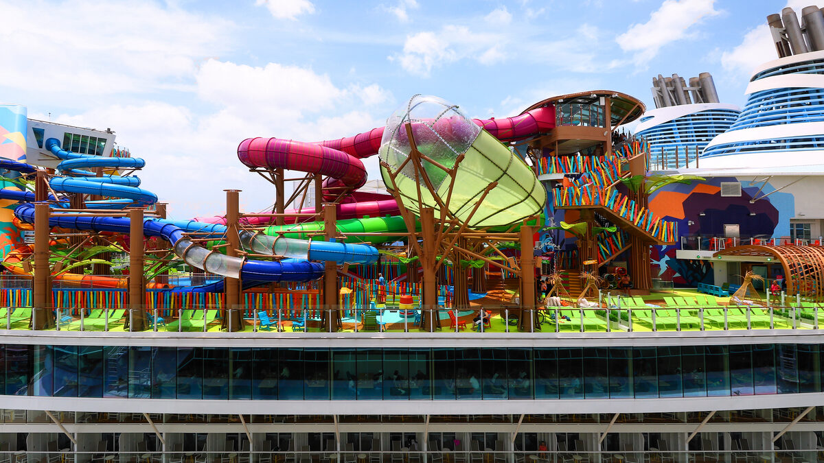 Thrill Island Category 6 waterpark on Icon of the Seas with colorful slides and pools