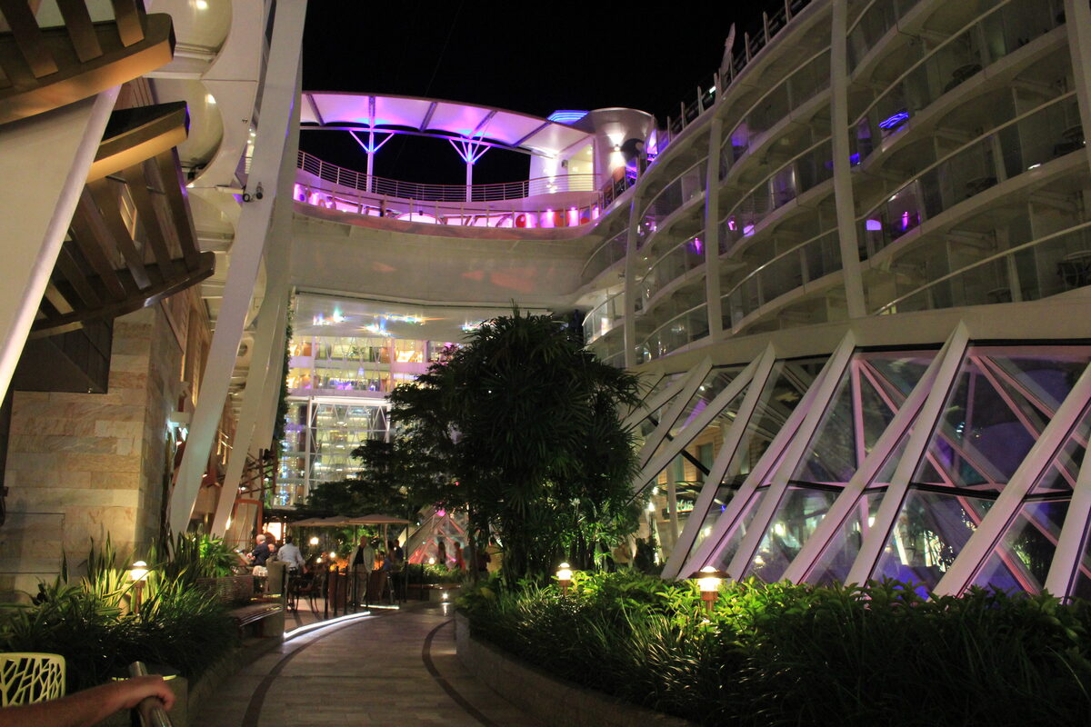 Nighttime view of Central Park on Oasis of the Seas with trees, stone paths, inward-facing balcony cabins, and a purple-lit canopy bridge overhead