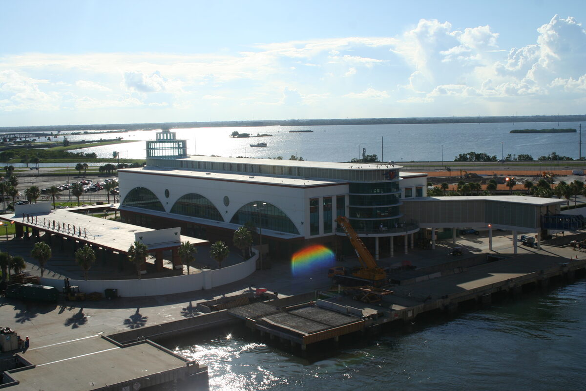 Disney Cruise Line Terminal 8 building on the pier at Port Canaveral with palm trees, parking, and harbor water beside the terminal