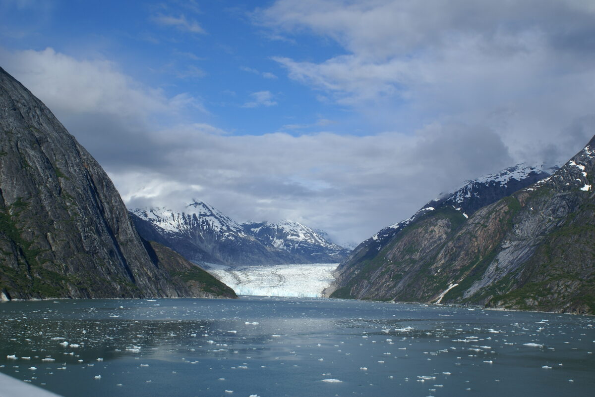 Dawes Glacier at the head of Endicott Arm fjord with ice floes in the water and steep forested mountains on both sides