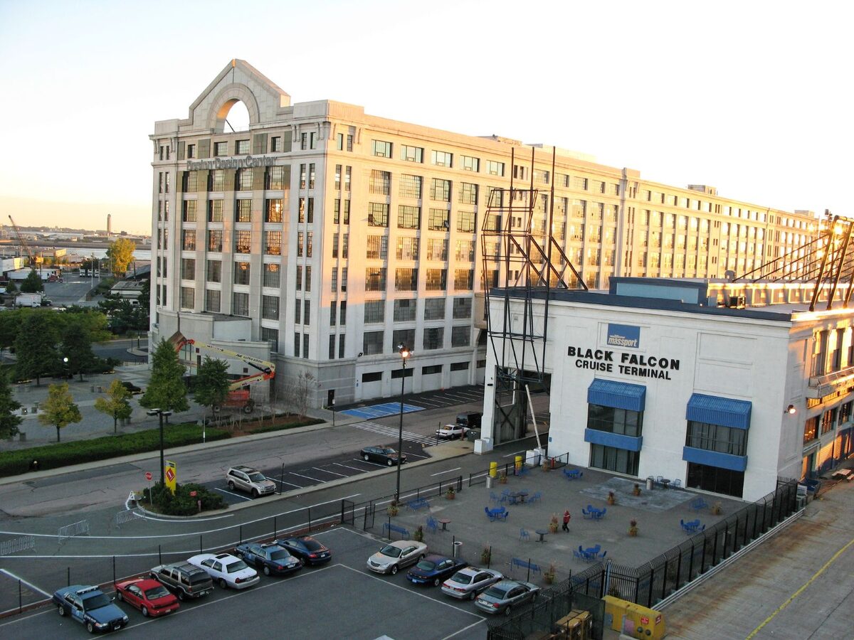 Black Falcon Cruise Terminal building in South Boston with the Boston Design Center in the background
