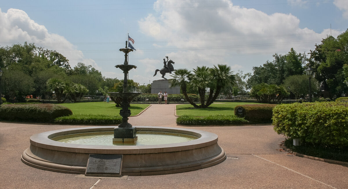 Jackson Square in the French Quarter with the Andrew Jackson equestrian statue, fountain, and manicured lawns