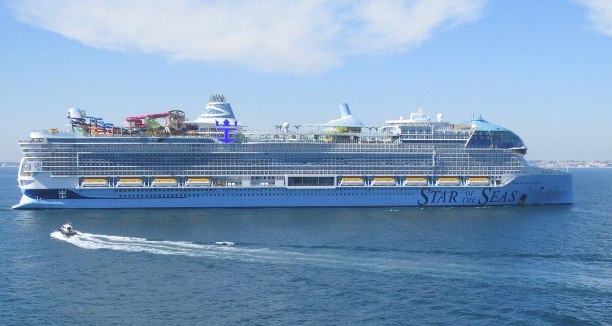 Star of the Seas, an Icon-class sister ship to Legend of the Seas, underway at sea with AquaDome and top-deck water slides visible