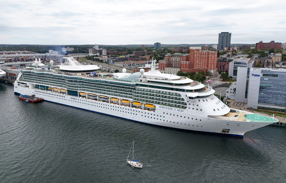 Royal Caribbean Serenade of the Seas docked in Halifax harbor, white hull with yellow lifeboats and name lettering on the bow